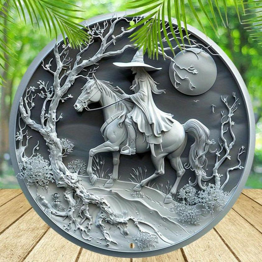 Mysterious Witch On Horseback Metal Sign Pagan Yule Decor