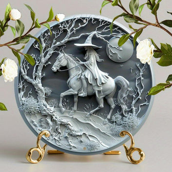 Mysterious Witch On Horseback Metal Sign Pagan Yule Decor