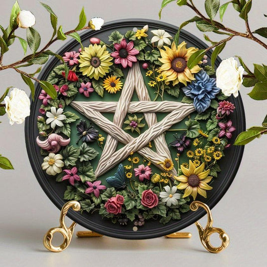 Floral Pentagram Wicca Metal Sign Pagan Decor