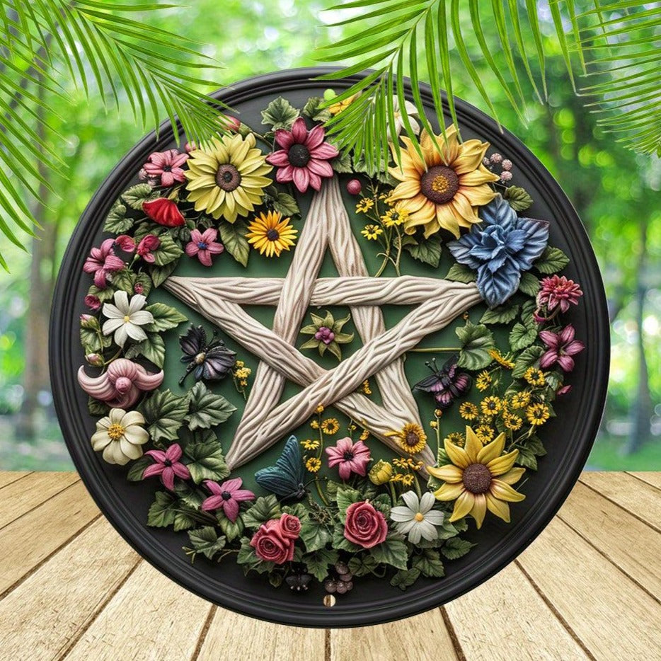 Floral Pentagram Wicca Metal Sign Pagan Decor-MoonChildWorld