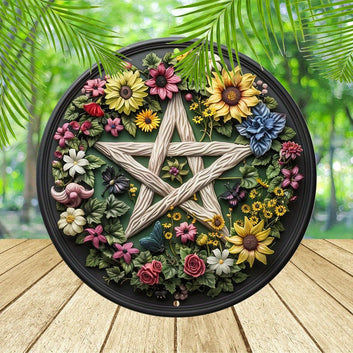 Floral Pentagram Wicca Metal Sign Pagan Decor