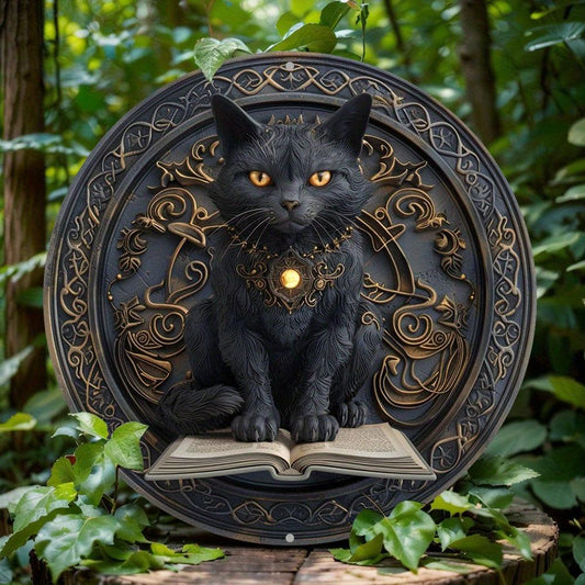 Spell Book and Black Cat Metal Sign Wicca Decor