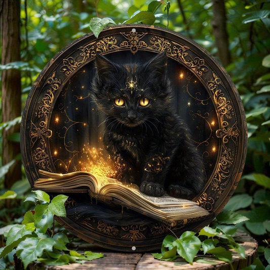 Spell Book and Black Cat Metal Sign Witchy Decor