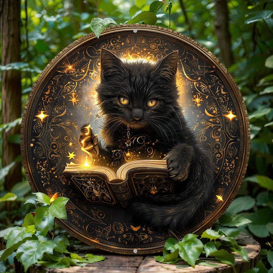 Witchy Black Cat Reading Book Metal Sign Magic Home Decor