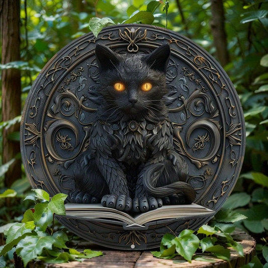 Spell Book Mystical Black Cat Metal Sign Wicca Home Decor