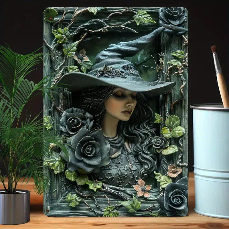 Green Witch Metal Sign for Halloween Wall Decorations-MoonChildWorld