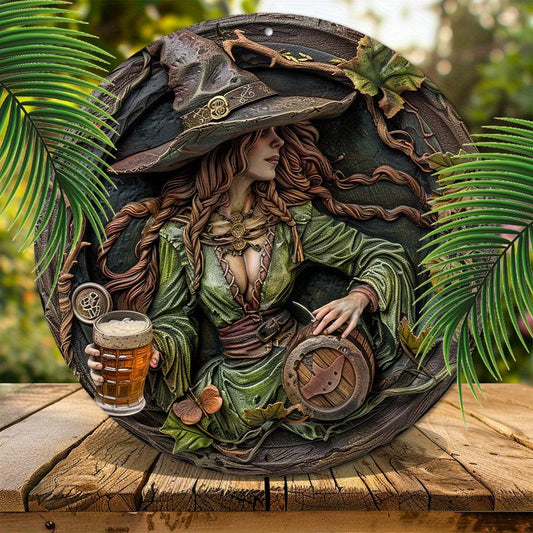 Whimsical Witch Drinking Beer Metal Sign