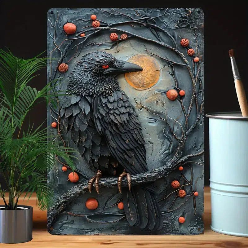 Moon Raven Wall Art Gothic Crow Metal Sign for Halloween-MoonChildWorld