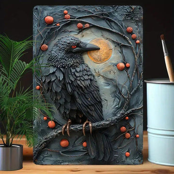 Moon Raven Wall Art Gothic Crow Metal Sign for Halloween-MoonChildWorld