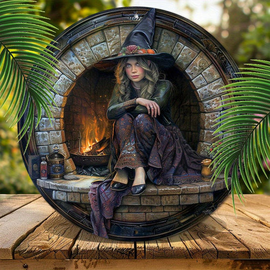 Fireplace and Witch Metal Sign Occult Decor
