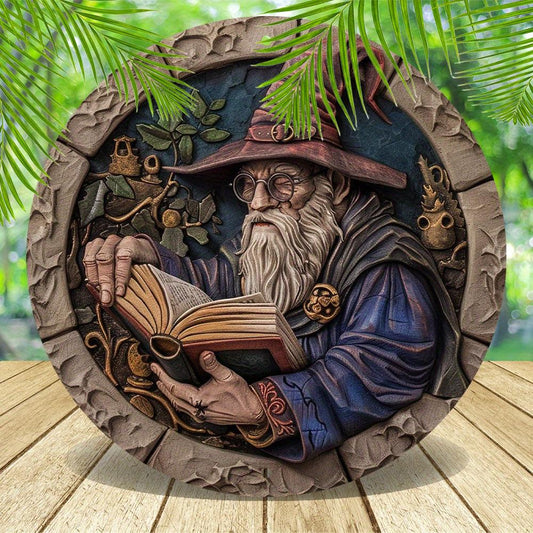 Wizard Reading Book Metal Sign Witchy Decor