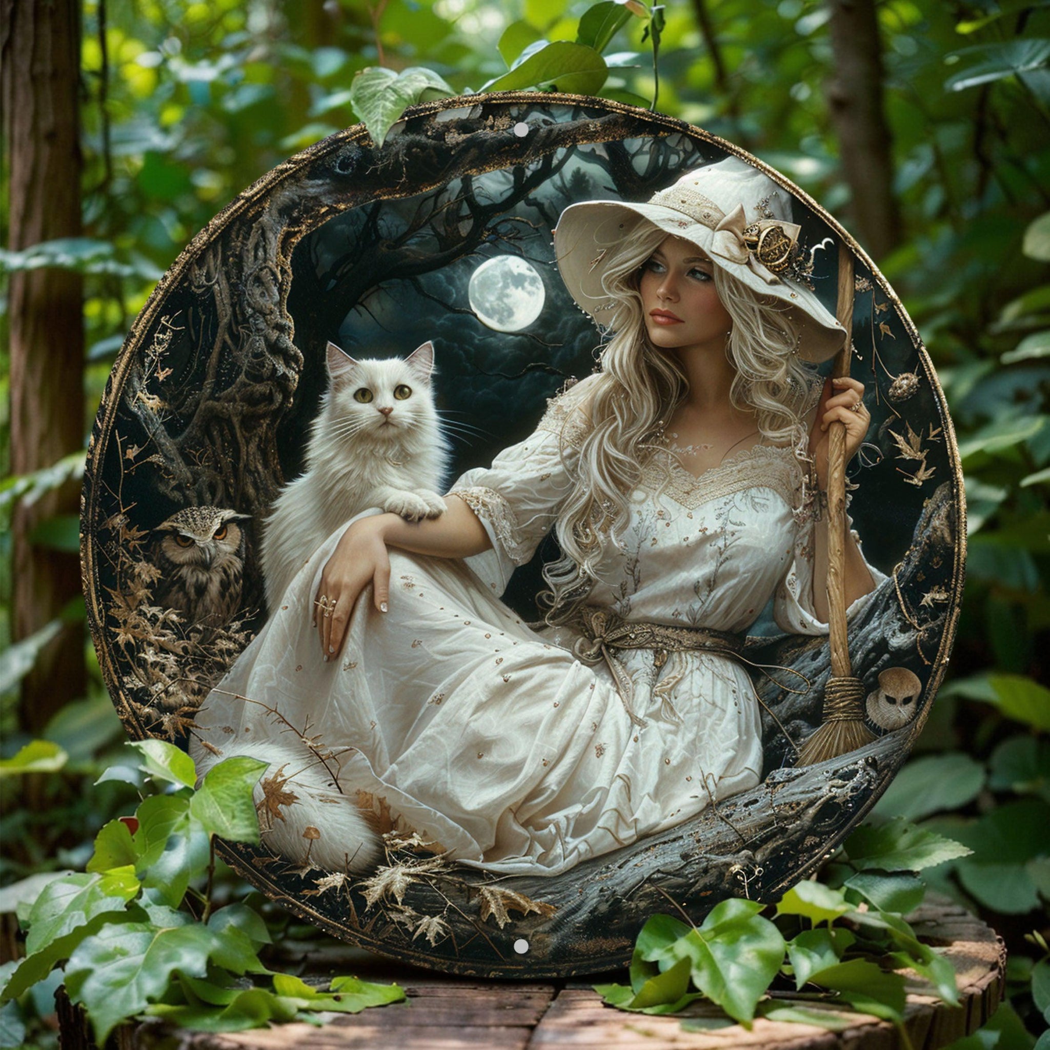 White Cat And Witch Metal Sign Enchanting Decor-MoonChildWorld