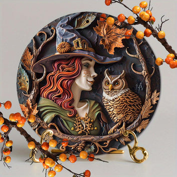 Owl and Witch Metal Sign Mystical Halloween Decor