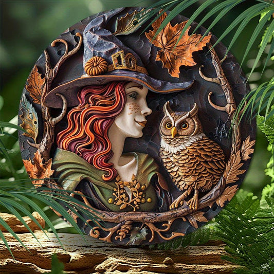 Owl and Witch Metal Sign Mystical Halloween Decor