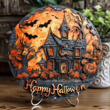 Happy Halloween Wreath Sign Halloween Haunted House Metal Sign-MoonChildWorld