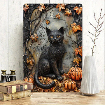 Halloween Black Cat Wall Art Witchy Cat Metal Sign Spooky Home Decor-MoonChildWorld