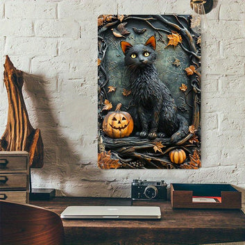 Halloween Black Cat Wall Art Witchy Cat Metal Sign Spooky Home Decor