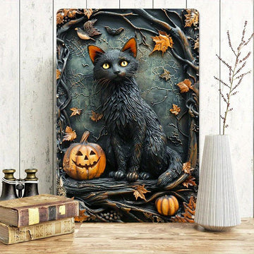 Halloween Black Cat Wall Art Witchy Cat Metal Sign Spooky Home Decor-MoonChildWorld