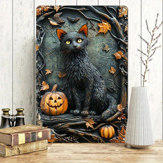 Halloween Black Cat Wall Art Witchy Cat Metal Sign Spooky Home Decor