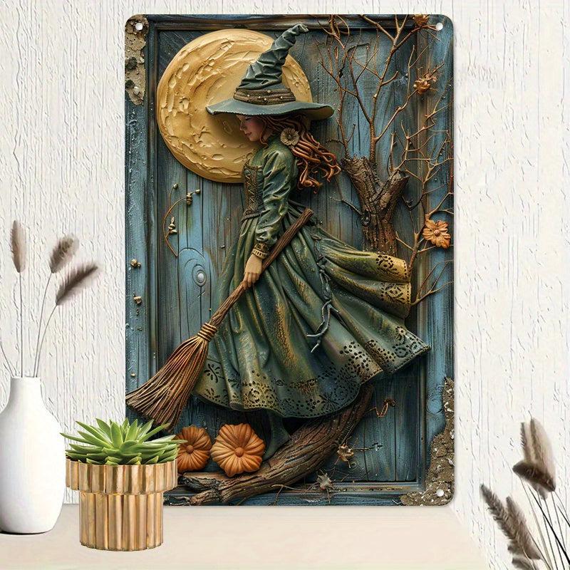 Vintage Witch with Broom Wall Art Decor Moon Witch Metal Tin Sign-MoonChildWorld