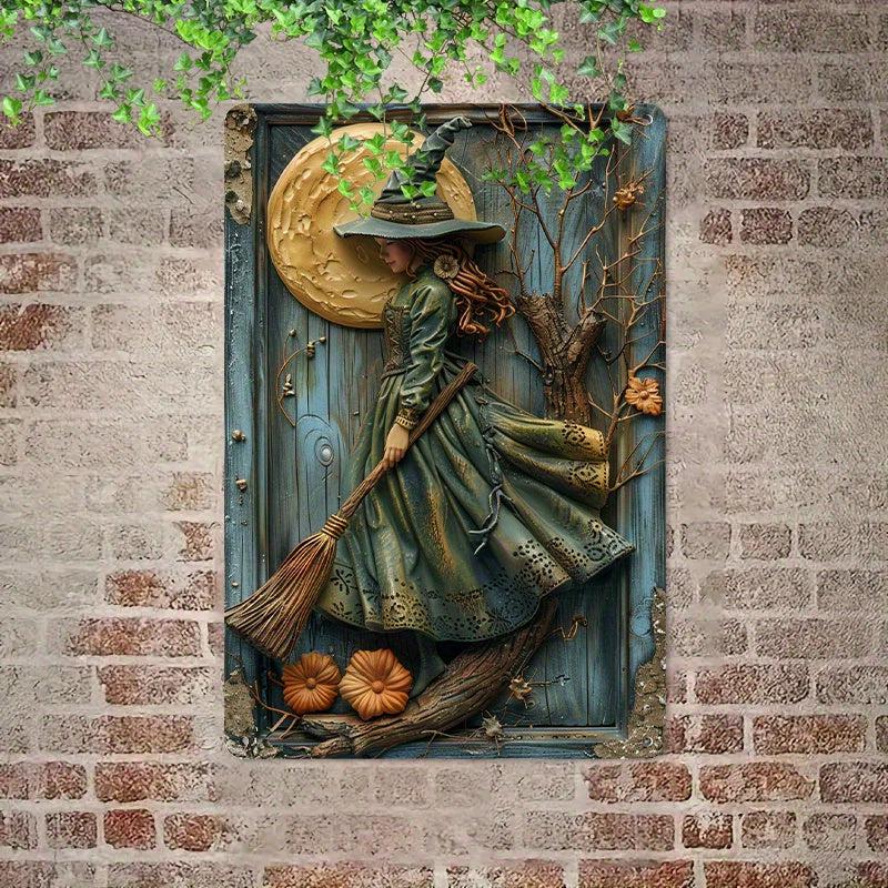 Vintage Witch with Broom Wall Art Decor Moon Witch Metal Tin Sign-MoonChildWorld