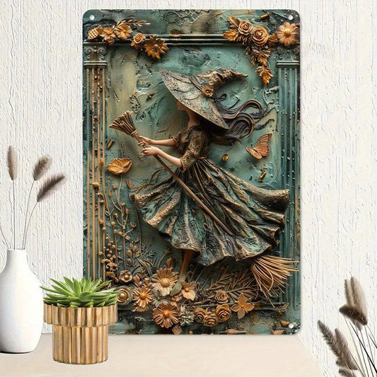 Vintage Witch with Broom Wall Art Decor Flying Witch Metal Tin Sign