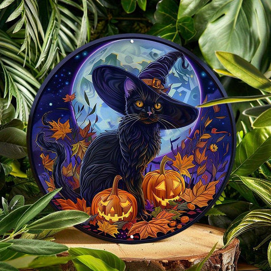 Vintage Black Cat Halloween Wreath Black Cat Metal Sign