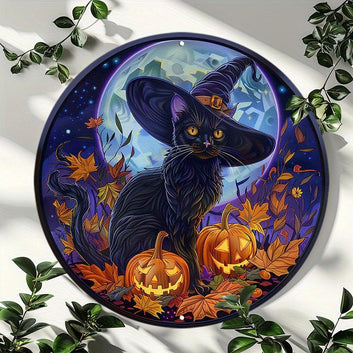 Vintage Black Cat Halloween Wreath Black Cat Metal Sign