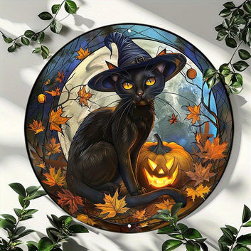 Vintage Black Cat Halloween Wreath Black Cat Metal Sign