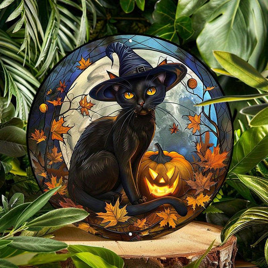 Vintage Black Cat Halloween Wreath Black Cat Metal Sign