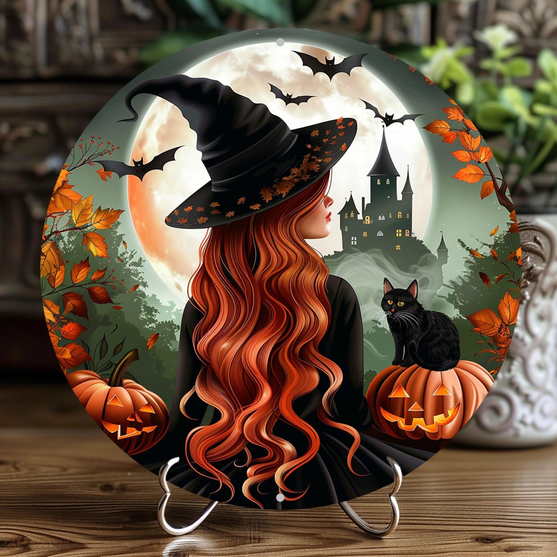 Black Cat and Witch Metal Sign Halloween Home Decor-MoonChildWorld