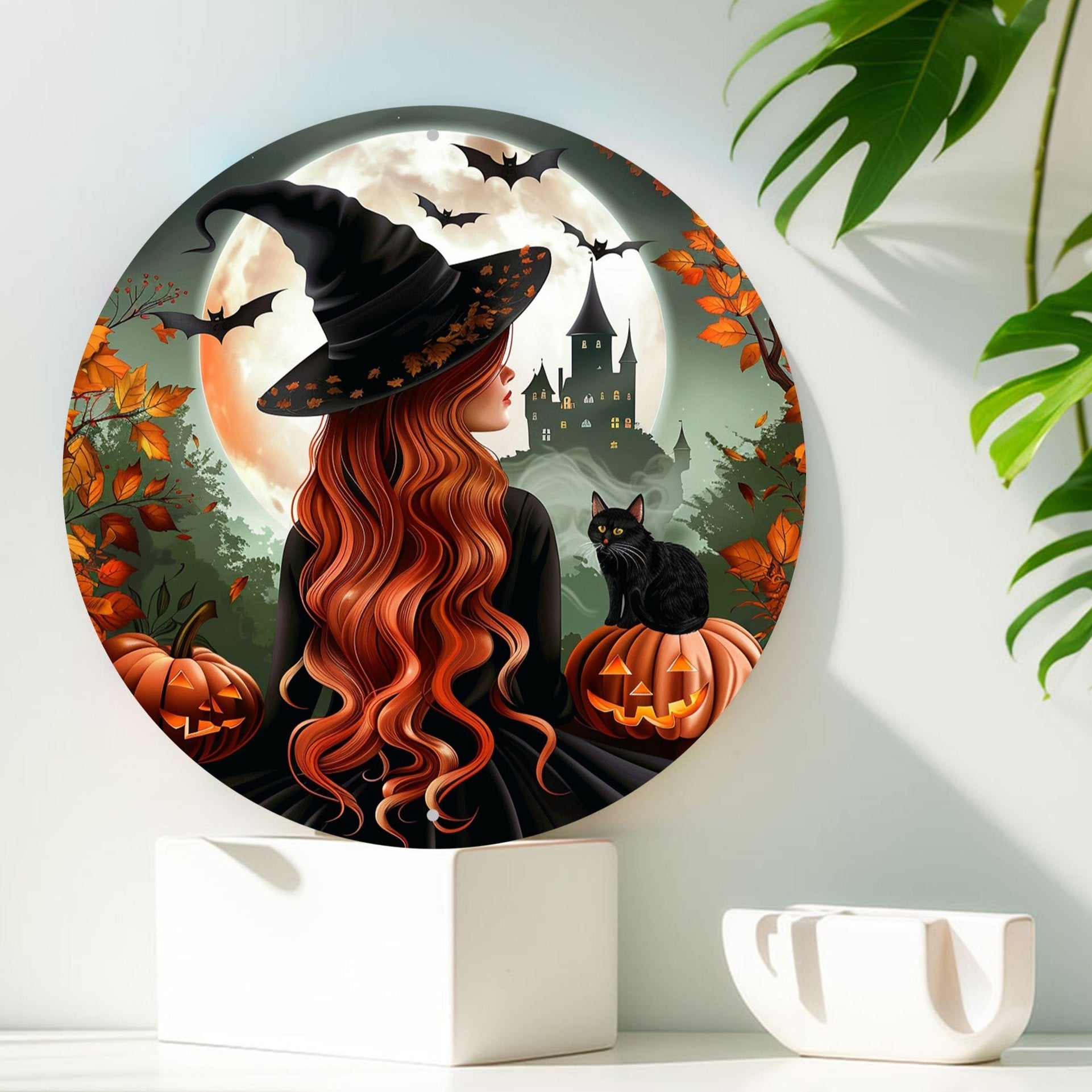 Black Cat and Witch Metal Sign Halloween Home Decor-MoonChildWorld