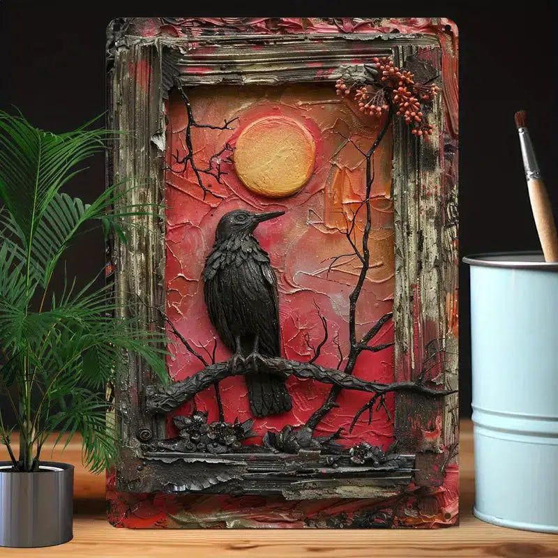 Moon Raven Wall Art Gothic Crow Metal Sign for Halloween-MoonChildWorld