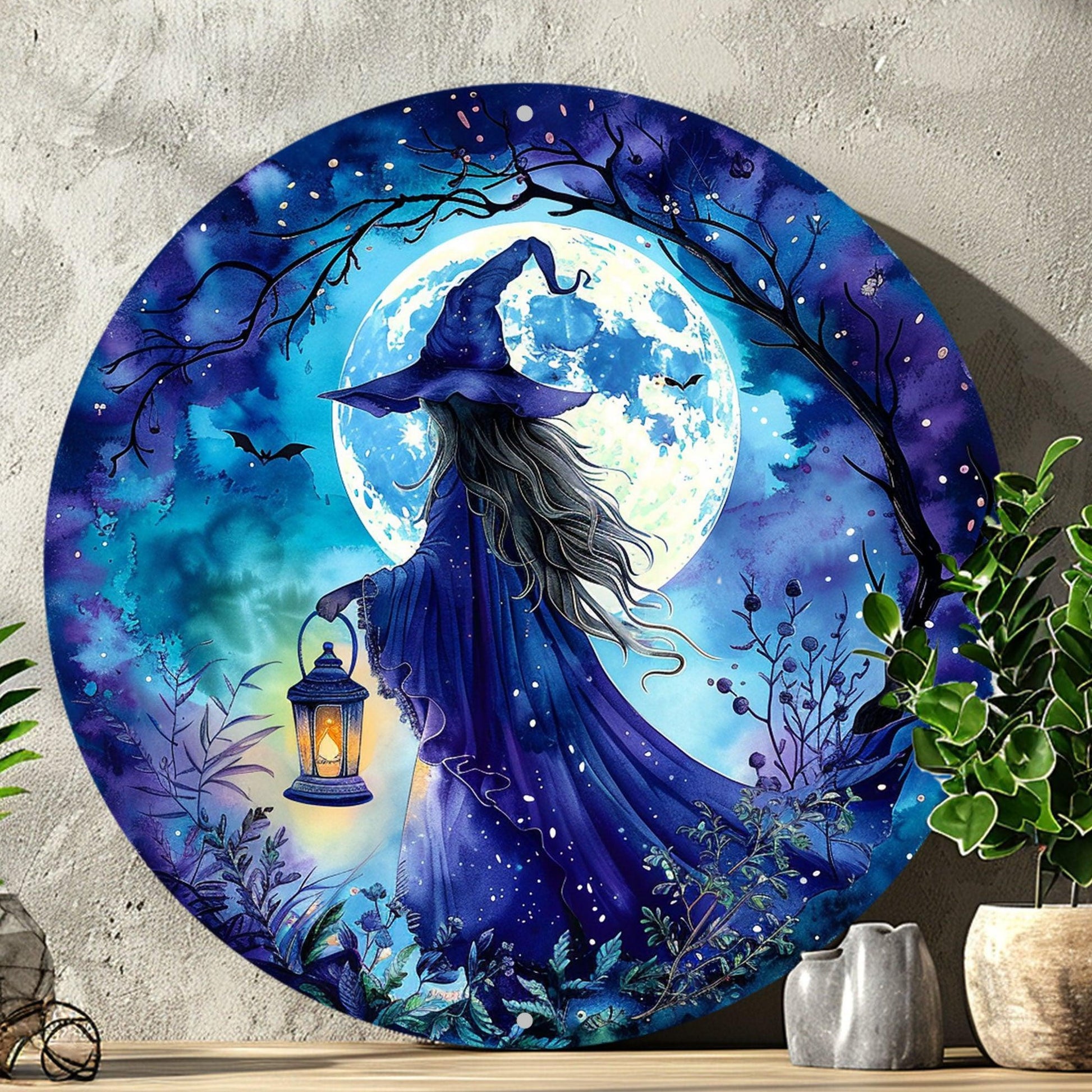 Full Moon Witch Metal Wall Plaque Halloween Decoration-MoonChildWorld