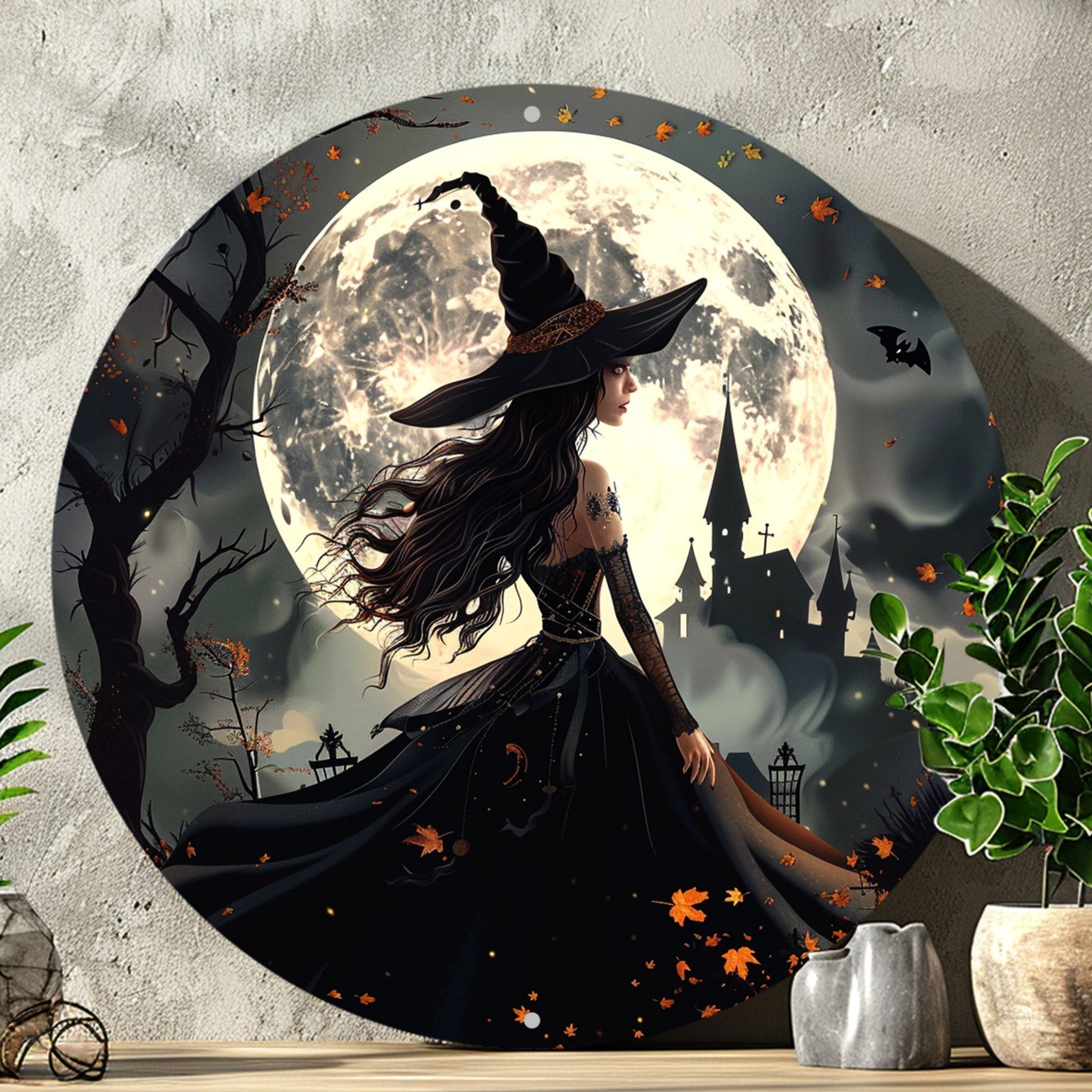 Witch and Castle Halloween Metal Wall Art Gothic Home Decor-MoonChildWorld