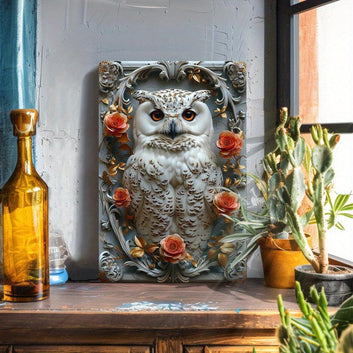 Floral Owl Wall Art Plaque White Owl Metal Sign Spirit Animal Home Decor