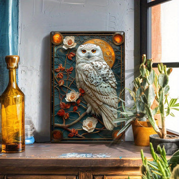 Floral Owl Wall Art Plaque White Owl Metal Sign Spirit Animal Home Decor