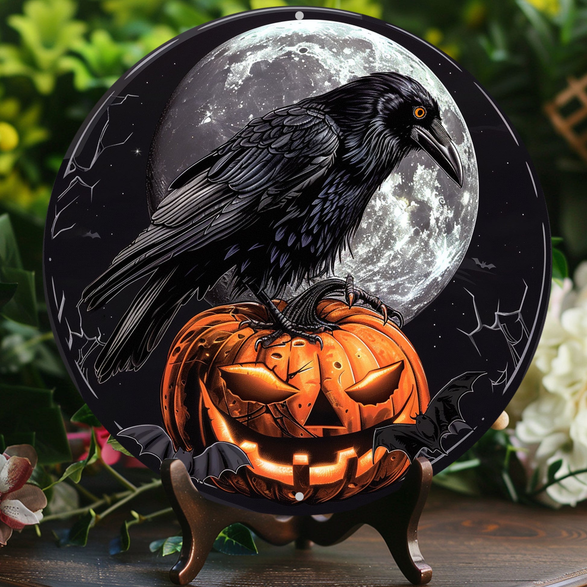 Moon Crow Wall Sign Black Raven Gothic Metal Sign Halloween Decor-MoonChildWorld