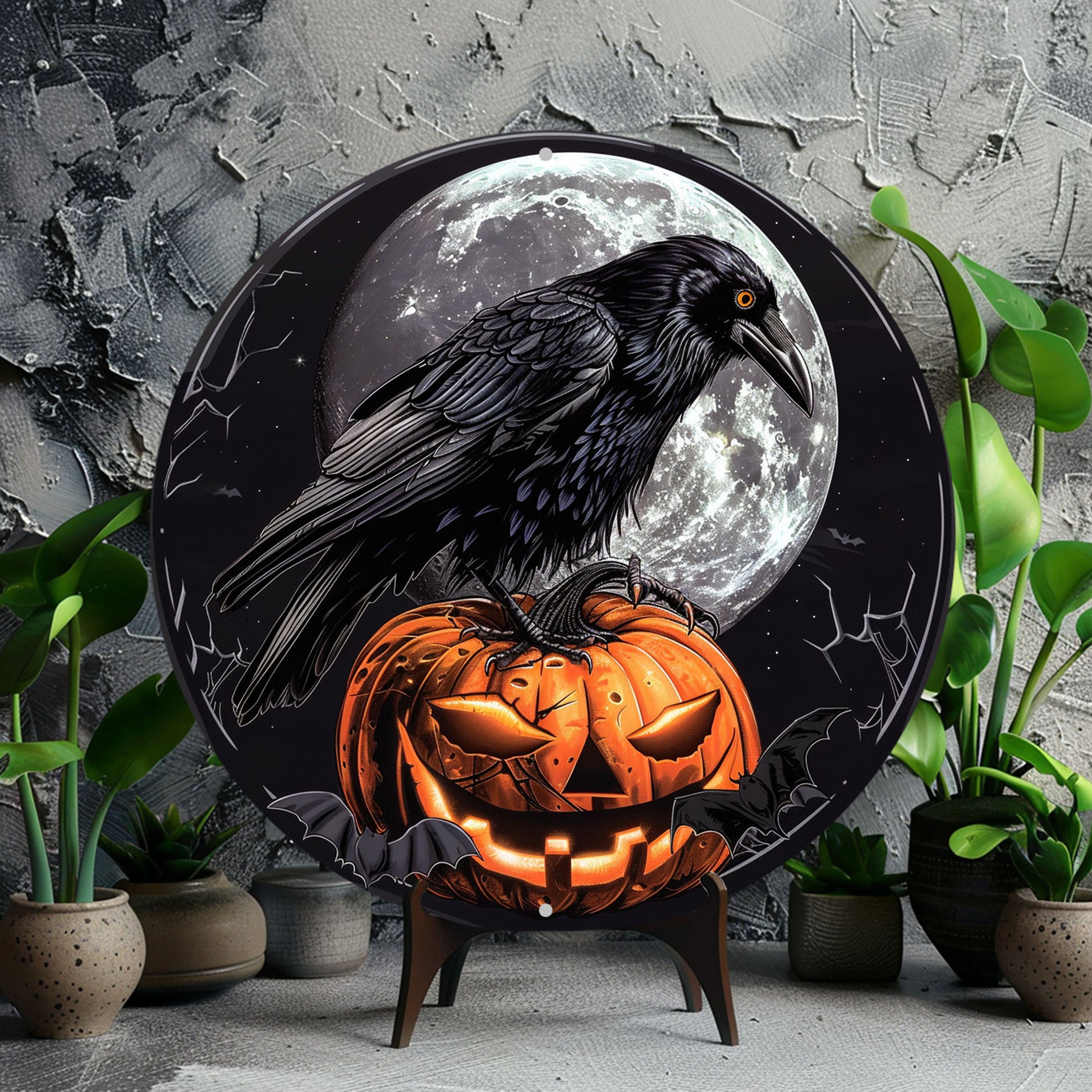 Moon Crow Wall Sign Black Raven Gothic Metal Sign Halloween Decor-MoonChildWorld