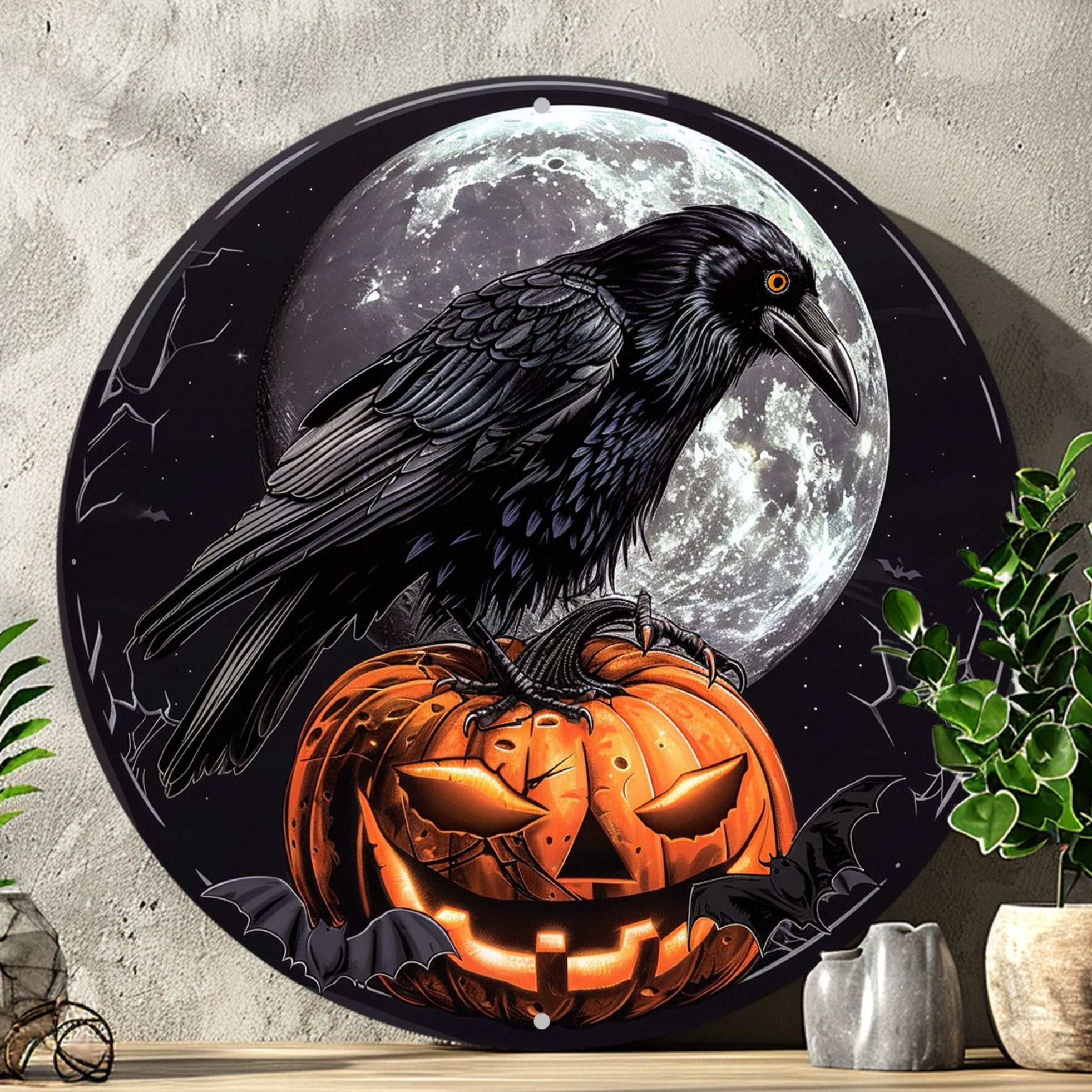 Moon Crow Wall Sign Black Raven Gothic Metal Sign Halloween Decor-MoonChildWorld