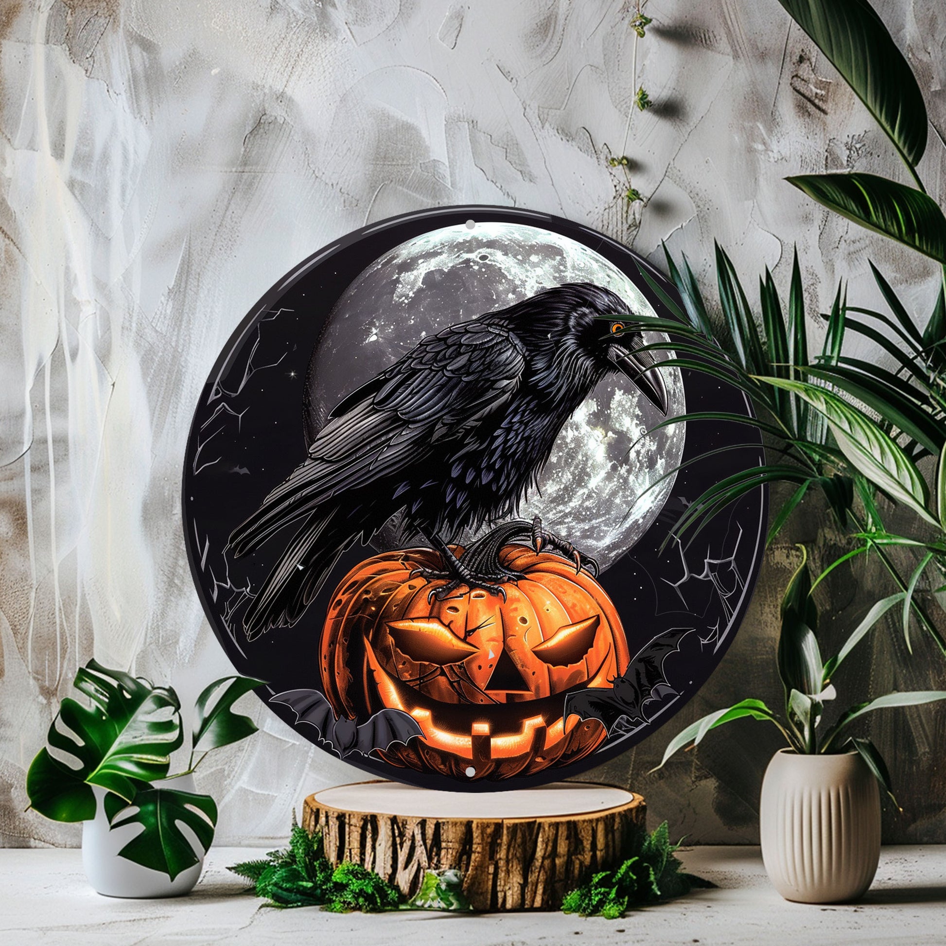 Moon Crow Wall Sign Black Raven Gothic Metal Sign Halloween Decor-MoonChildWorld