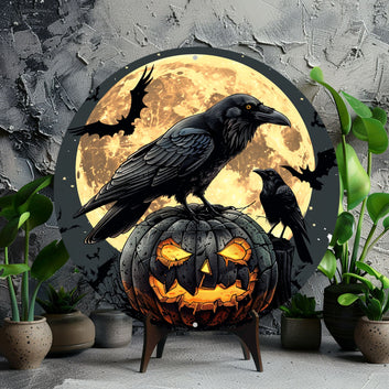 Gothic Raven and Pumpkin Halloween Metal Sign Dark Crow Home Decor