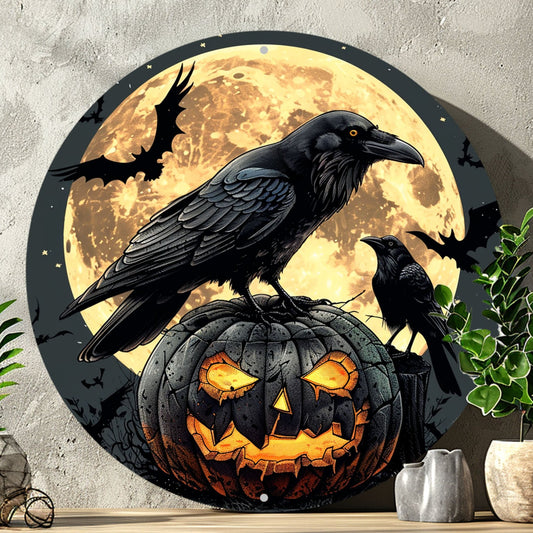 Gothic Raven and Pumpkin Halloween Metal Sign Dark Crow Home Decor