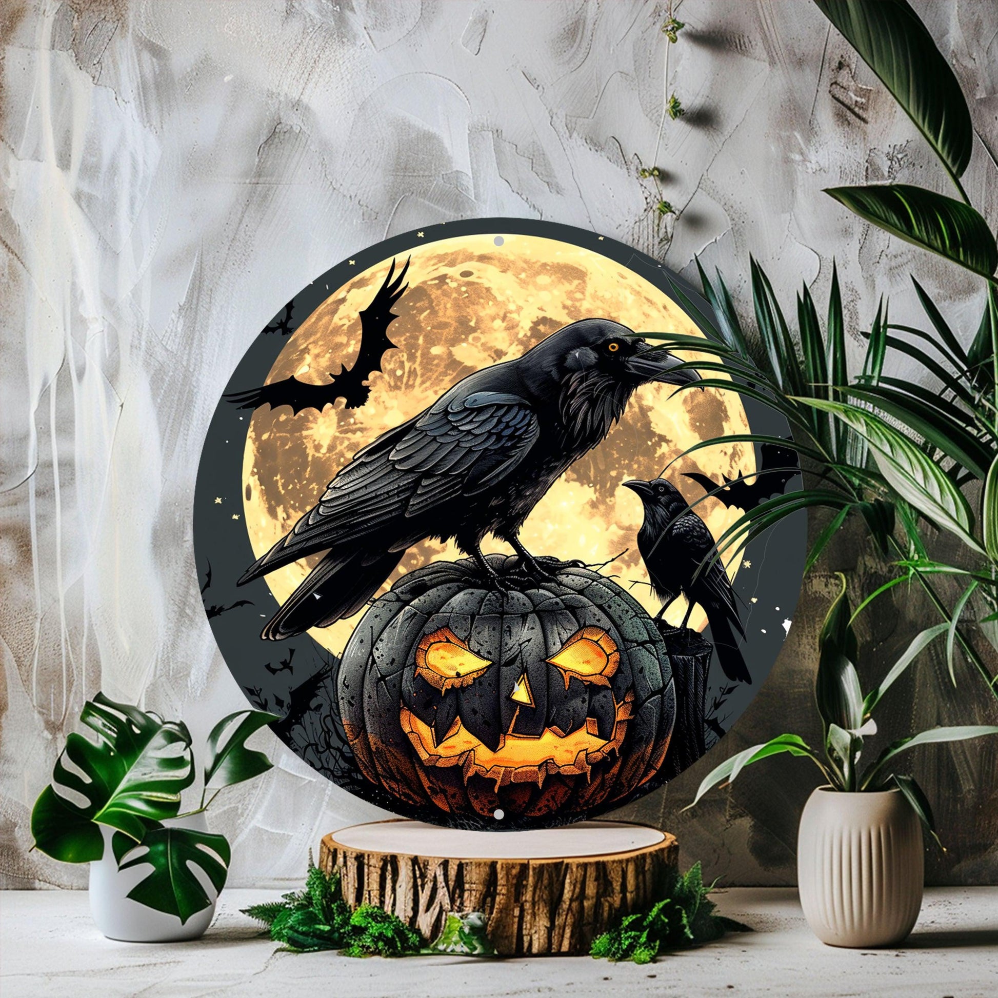 Gothic Raven and Pumpkin Halloween Metal Sign Dark Crow Home Decor-MoonChildWorld