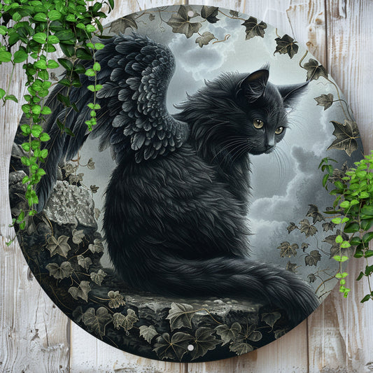 Black Cat Winged Wall Art Gothic Cat Metal Sign for Halloween