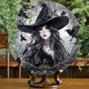 Enchanting Witch and Raven Gothic Metal Sign Halloween Decor