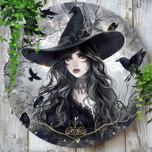 Enchanting Witch and Raven Gothic Metal Sign Halloween Decor