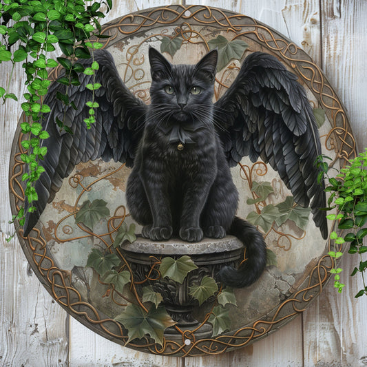 Black Cat Winged Wall Art Gothic Cat Metal Sign for Halloween