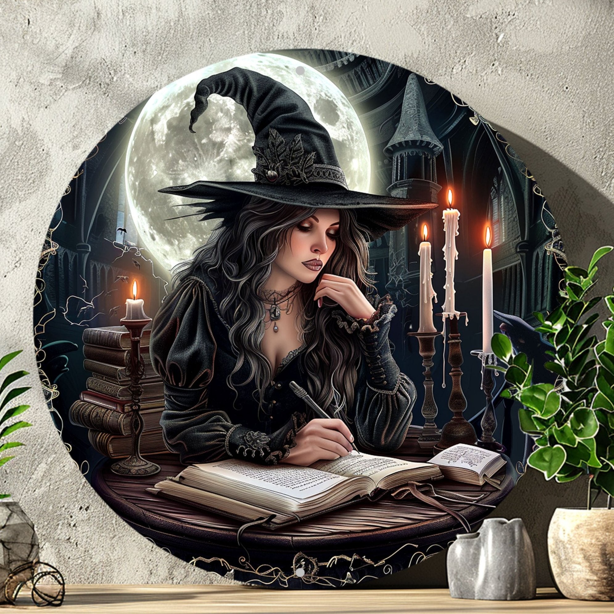 Reading Witch Wall Art Gothic Witch Metal Sign Halloween Home Decor-MoonChildWorld