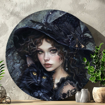 Charming Witch & Black Cat Metal Wall Art Witchy Metal Sign-MoonChildWorld